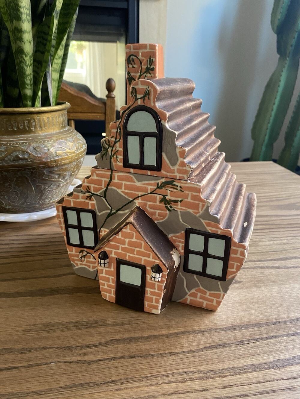 Vintage 1960s Hand Painted Stone Cottage Cookie Jar Lidded Jar
